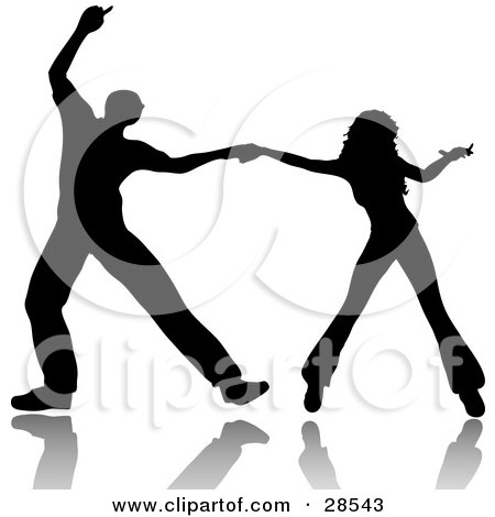 Clipart Illustration of a Black Silhouetted Couple Ballroom Dancing, Holding Hands While Spreading Out by KJ Pargeter