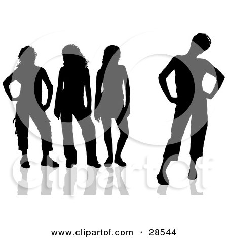 Clipart Illustration of a Group Of Black Silhouetted Women With Attitudes, Standing In Different Poses by KJ Pargeter