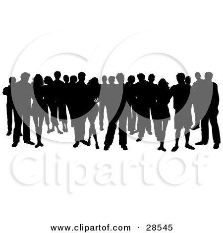 Clipart Illustration of a Crowd Of Black Silhouetted People Standing Over White by KJ Pargeter