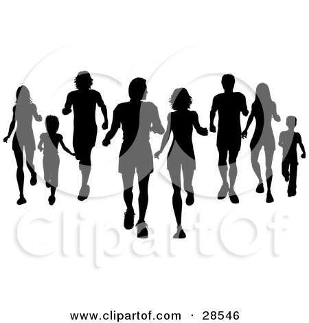 Clipart Illustration of Black Silhouetted Families Jogging And Walking Together by KJ Pargeter