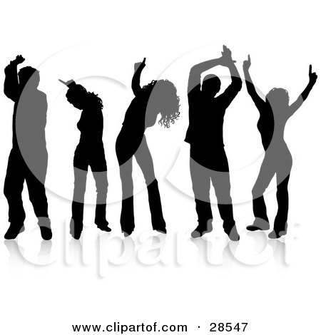 Clipart Illustration of a Group Of Five Dancers With Reflections, Silhouetted Over White by KJ Pargeter