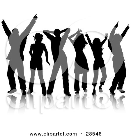 Clipart Illustration of Six Black Silhouetted Adults Dancing With Reflections, Over White by KJ Pargeter