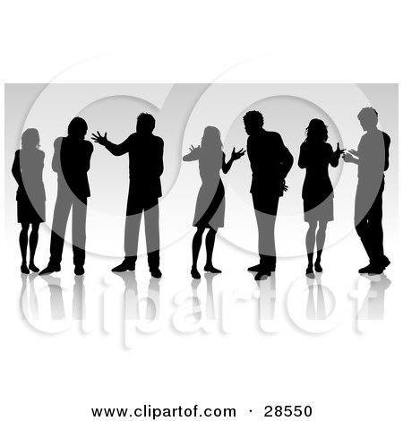 Clipart Illustration of Seven Black Silhouetted Business People Having Conversations by KJ Pargeter