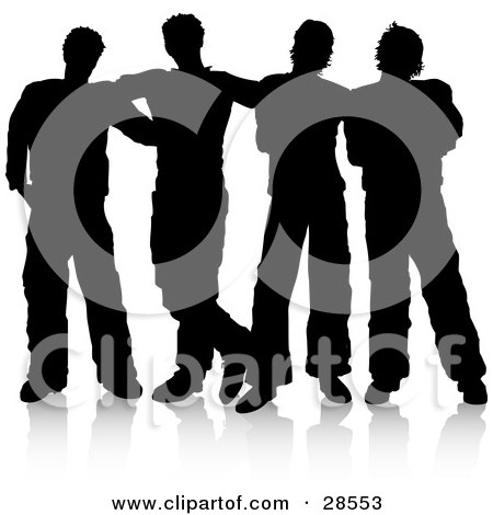 Clipart Illustration of a Group Of Four Guys Standing Together, Silhouetted Over White by KJ Pargeter