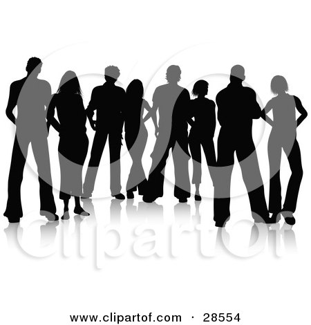 Clipart Illustration of Eight Male And Female Friends Standing, Silhouetted In Black, With A White Background by KJ Pargeter