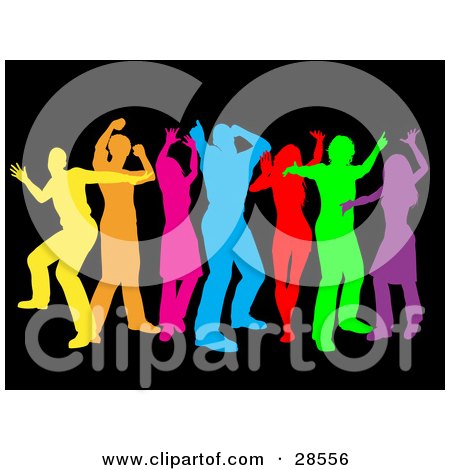 Clipart Illustration of a Group Of Colorful Yellow, Orange, Pink, Blue, Red, Green And Purple Dancers Over Black by KJ Pargeter