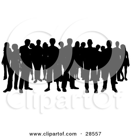 Clipart Illustration of Black Silhouetted People Standing In A Big Crowd, Over White by KJ Pargeter