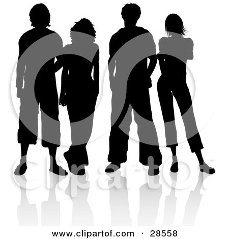 Clipart Illustration of Four Male And Female Friends Standing, Silhouetted In Black, With A White Background by KJ Pargeter