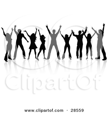 Clipart Illustration of a Group Of Nine Black Silhouetted People Dancing With Reflections, Over A White Background by KJ Pargeter