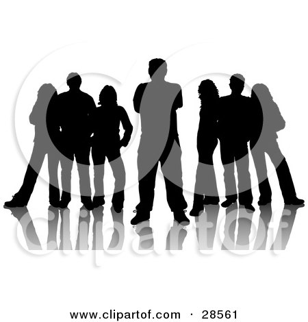 Clipart Illustration of Two Groups Of Three Standing Behind One Man, Silhouetted In Black, With A White Background by KJ Pargeter