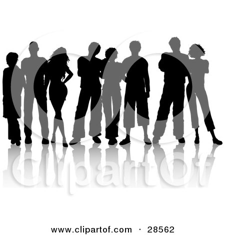 Clipart Illustration of a Group Of Eight Black Silhouetted Adults Standing Together by KJ Pargeter
