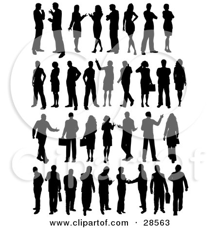 Clipart Illustration of a Set Of Business Men And Women In Different Poses, Silhouetted In Black Over White by KJ Pargeter
