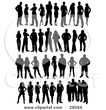 Clipart Illustration of a Set Of Men And Women In Different Poses, Silhouetted In Black, Over White by KJ Pargeter