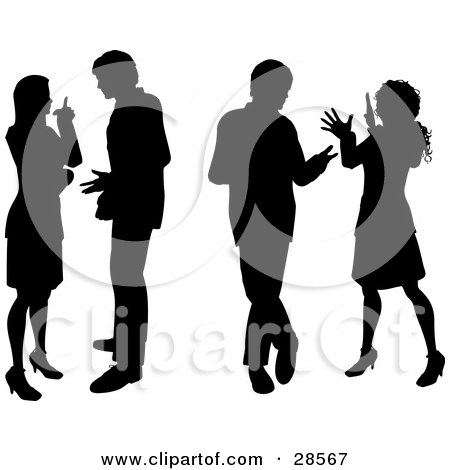 Clipart Illustration of Four Black Silhouetted Men And Women Having Business Conversations, Over White by KJ Pargeter