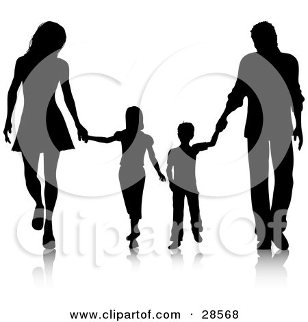Clipart Illustration of a Black Silhouetted Family Walking Together And Holding Hands by KJ Pargeter
