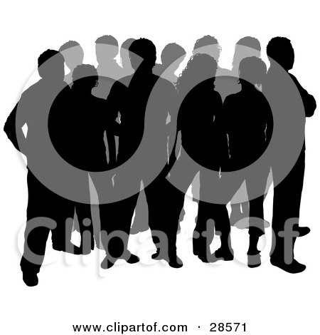 Clipart Illustration of Two Rows Of Silhouetted Men And Women Standing In A Group by KJ Pargeter