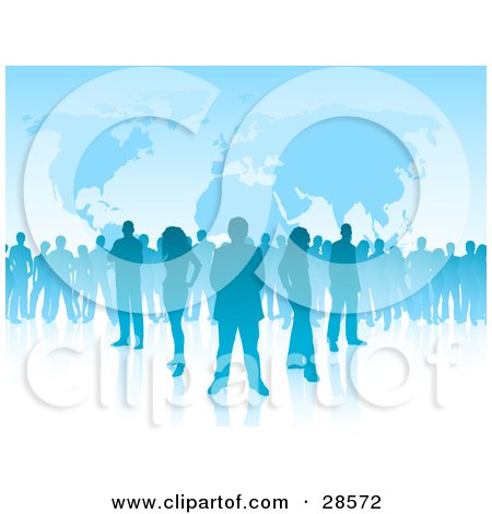 Clipart Illustration of a Group Of Blue Silhouetted People Standing Over A Blue Background With Maps by KJ Pargeter