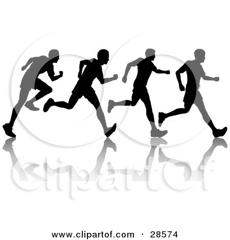 Clipart Illustration of a Black Silhouetted Man Shown In Motion, Jogging Or Running, With A Reflection And Four Poses by KJ Pargeter