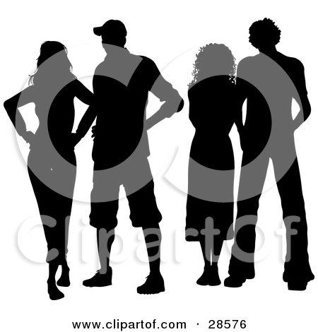 Clipart Illustration of Two Young Couples Standing, Silhouetted In Black, With A White Background by KJ Pargeter