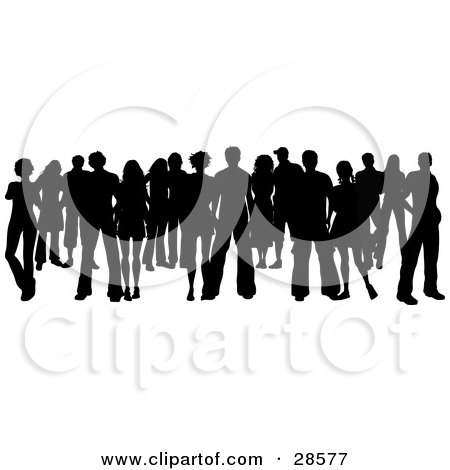 Clipart Illustration of a Large Group Of Black Silhouetted People Standing Over White by KJ Pargeter