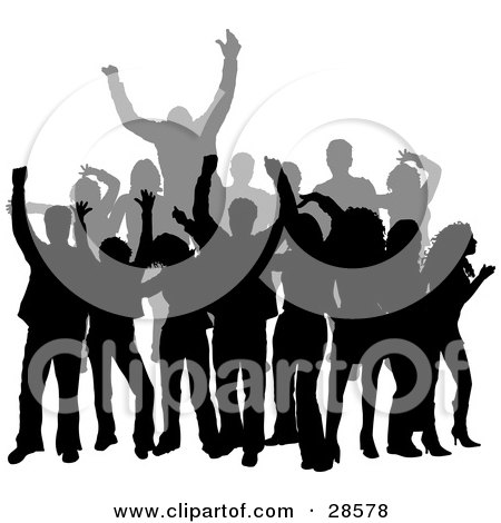 Clipart Illustration of a Crowd Of Gray And Black Silhouetted Men And Women Dancing At A Party, Over White by KJ Pargeter