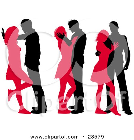 Clipart Illustration of Three Passionate Black And Red Silhouetted Couples In Different Sexy Poses by KJ Pargeter