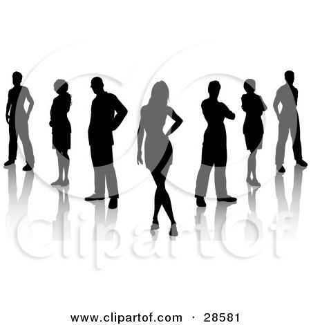 Clipart Illustration of a Group Of Seven Professional Business Colleagues, Silhouetted In Black, With Reflections Over White by KJ Pargeter