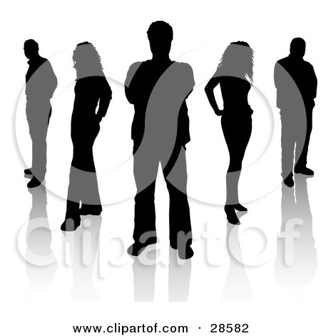 Clipart Illustration of Five Black Silhouetted Men And Women Standing With Reflections  by KJ Pargeter