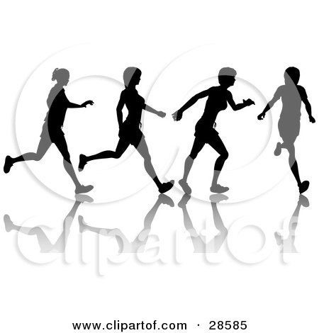 Clipart Illustration of a Black Silhouetted Woman Shown In Motion, Jogging Or Running, With A Reflection And Four Poses by KJ Pargeter
