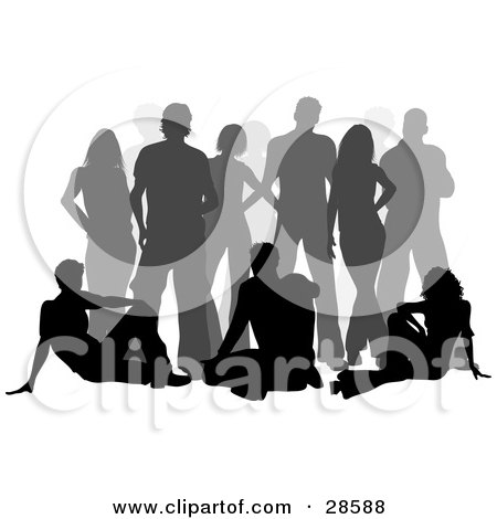 Clipart Illustration of Three Black Silhouetted Adults Seated In Front Of A Gray Crowd, Over White by KJ Pargeter