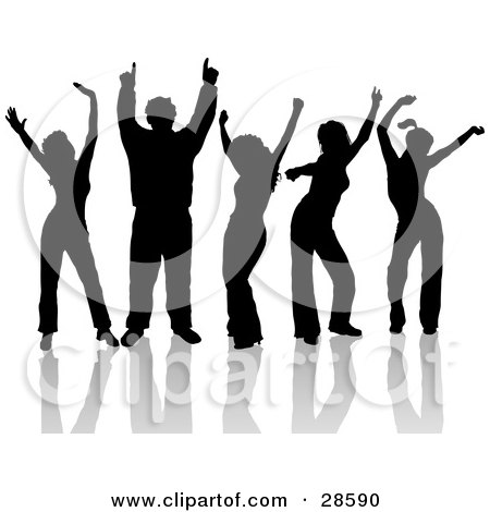 Clipart Illustration of a Group Of Five Silhouetted Dancers In Black, Having Fun At A Party by KJ Pargeter