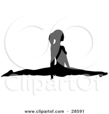 Clipart Illustration of a Black Silhouetted Female Gymnast Doing The Splits by KJ Pargeter