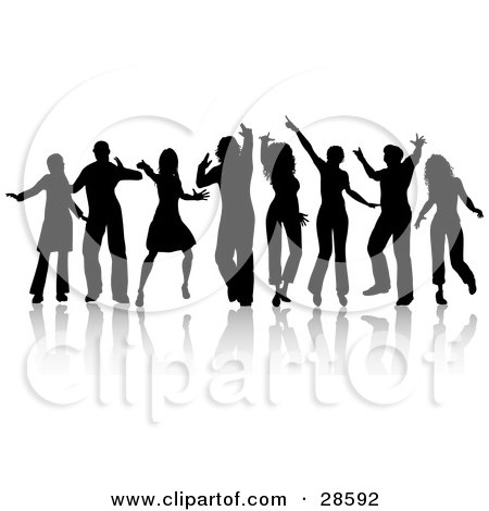 Clipart Illustration of a Group Of Eight Dancers With Reflections, Silhouetted Over White by KJ Pargeter