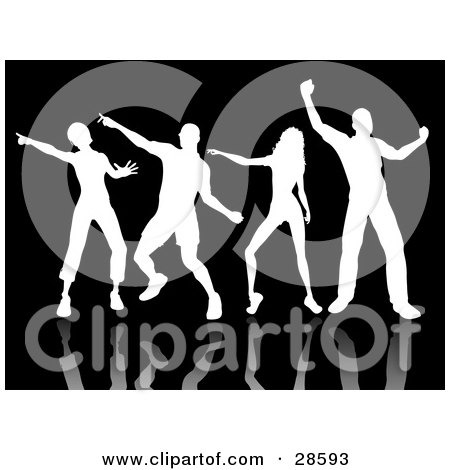Clipart Illustration of Four White Silhouetted People With Reflections, Dancing Over A Black Background by KJ Pargeter