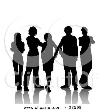Clipart Illustration of Five Male And Female Friends Standing, Silhouetted In Black, With A White Background by KJ Pargeter