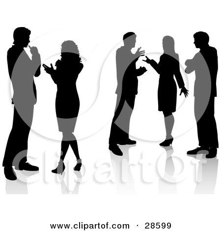Clipart Illustration of Black Silhouetted Professional Men And Women Discussing, Over White by KJ Pargeter