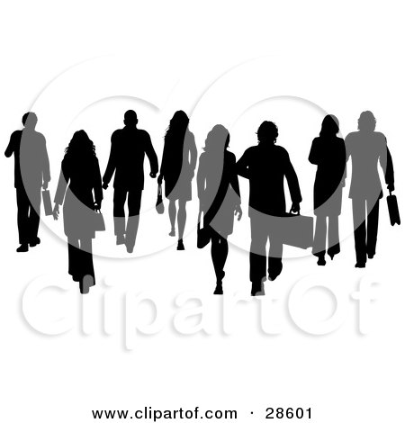 Clipart Illustration of a Group Of Black Silhouetted Business People With Briefcases, Over White by KJ Pargeter