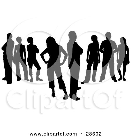 Clipart Illustration of a Group Of Eight Black Silhouetted Men And Women Standing Together by KJ Pargeter