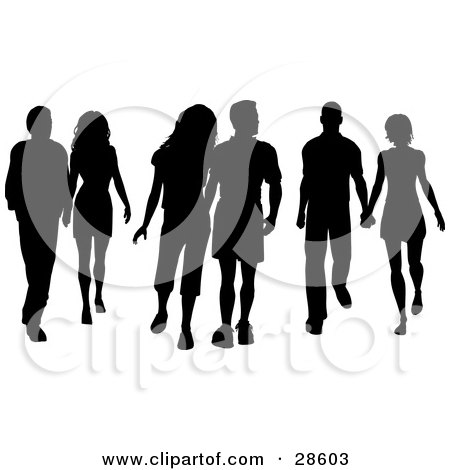 Clipart Illustration of Three Black Silhouetted Couples Walking And Holding Hands by KJ Pargeter