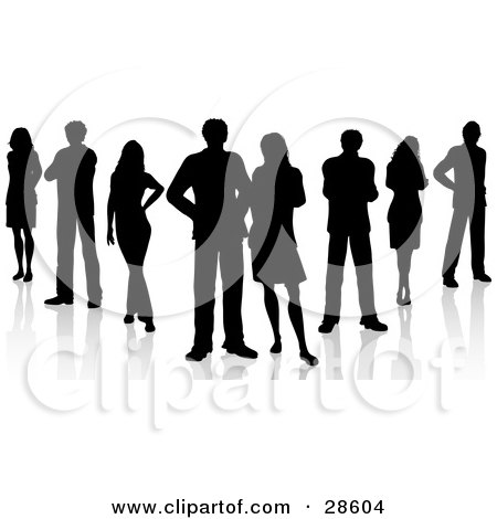 Clipart Illustration of a Group Of Professional Business Colleagues, Silhouetted In Black, With Reflections Over White by KJ Pargeter