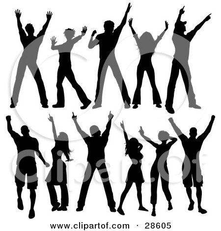 Clipart Illustration of a Silhouette Set Of Black People In Dance Poses by KJ Pargeter