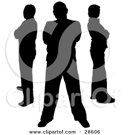 Clipart Illustration of Three Black Silhouetted People Standing With Their Arms Crossed, Over White by KJ Pargeter