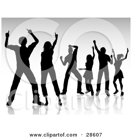 Clipart Illustration of Silhouetted Black People Dancing And Having Fun, Over A Gray Background by KJ Pargeter