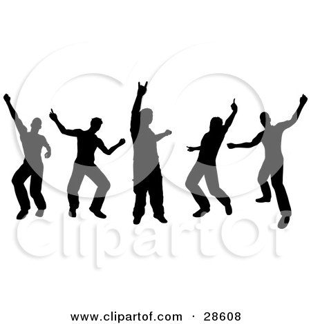 Clipart Illustration of a Group Of Five Black Silhouetted Guys Dancing At A Party by KJ Pargeter