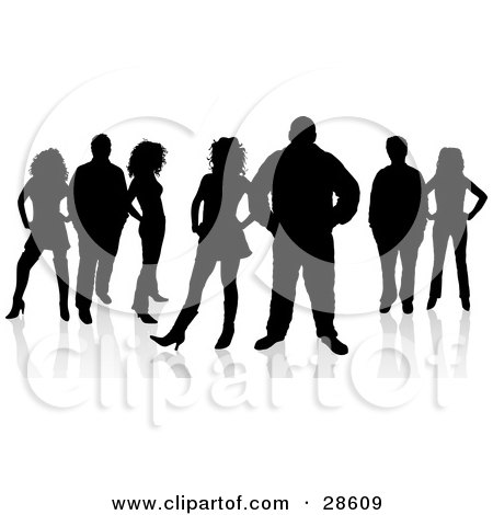 Clipart Illustration of Seven Male And Female Adults Standing And Silhouetted In Black, With A White Background by KJ Pargeter