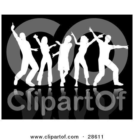 Clipart Illustration of White Silhouetted Adults With Reflections, Dancing Over A Black Background by KJ Pargeter