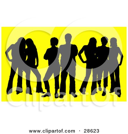 Clipart Illustration of a Black Silhouetted Group Of Seven Men And Women Standing Together, Over Yellow by KJ Pargeter