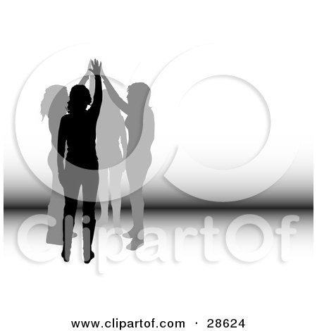 Clipart Illustration of a Group Of Four Silhouetted Women Holding Their Hands Up Together, Symbolizing Teamwork And Friendship by KJ Pargeter