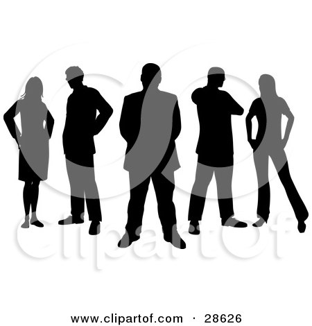 Clipart Illustration of a Group Of Five Professional Business Colleagues, Silhouetted In Black, With Reflections Over White by KJ Pargeter