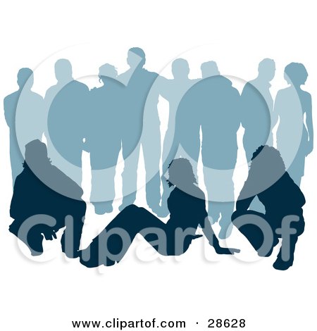 Clipart Illustration of a Blue Silhouetted Group Of Men And Women Standing And Sitting, Over White by KJ Pargeter